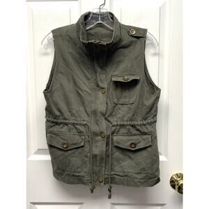 Cargo Utility Vest Olive Green Drawstring Waist Full Zip Snaps Women’s Size M/L